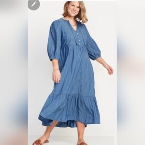 Old Navy Blue Chambray Puff-Sleeve Maxi Dress Sz XL